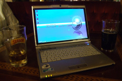  A blackPanther laptop \"down the pub\" c/w a couple of Pécs-brewed Szalon beers.
