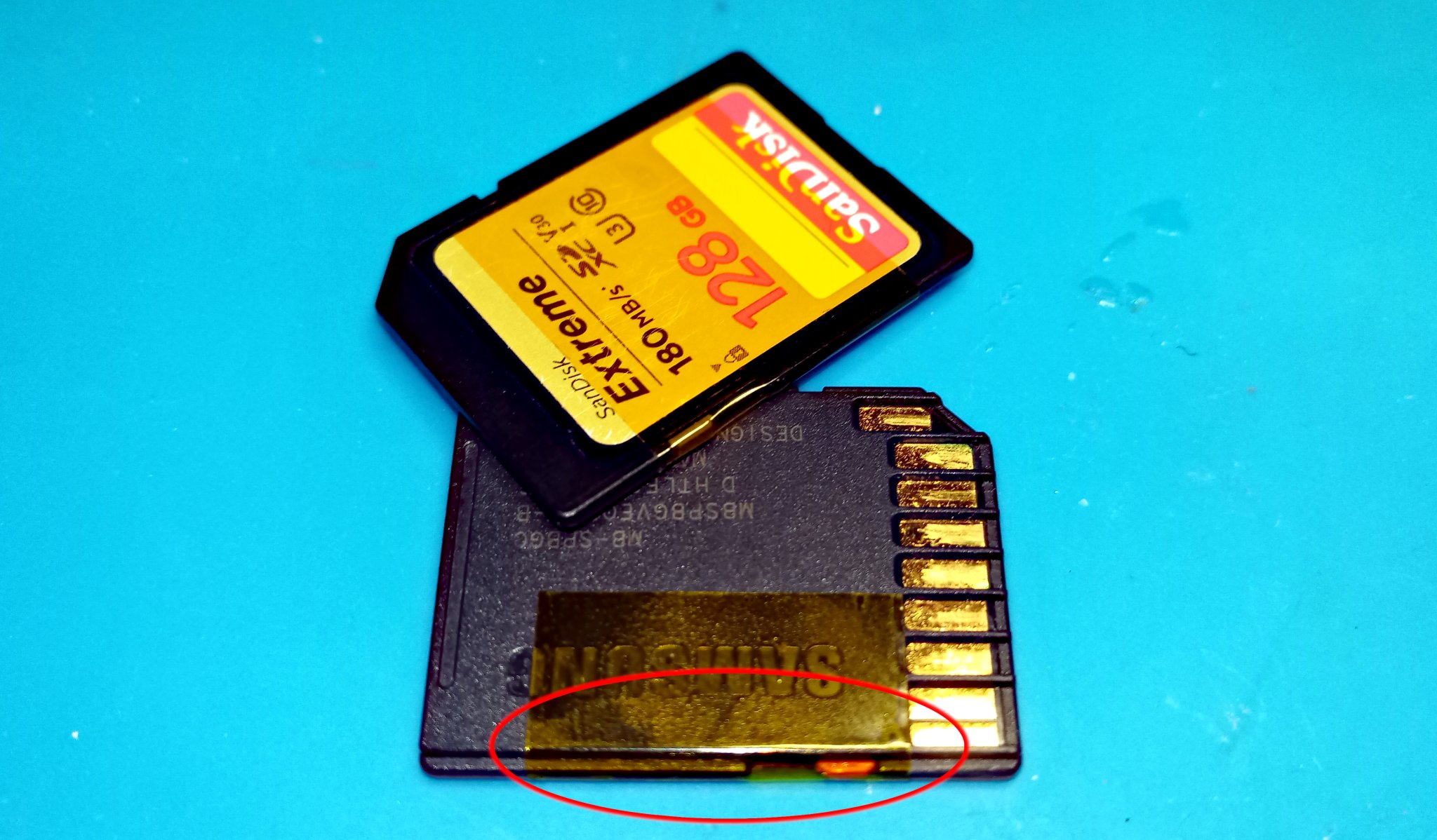 Standard SD cards with write protect tab fixed in place with 25µm kapton adhesive tape.