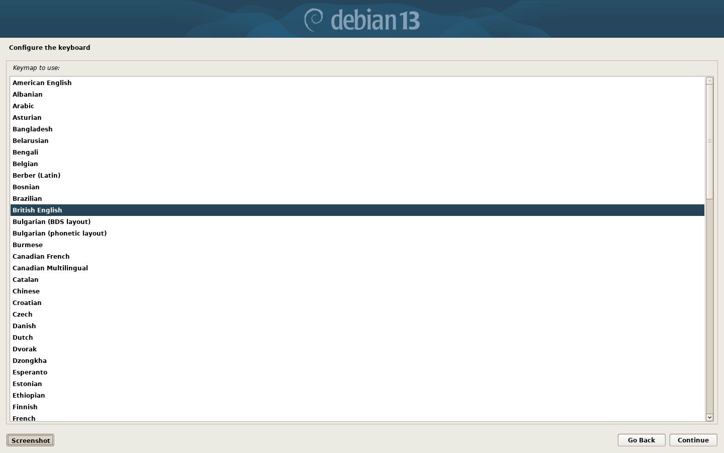 Debian 13 Installer: Configure the keyboard