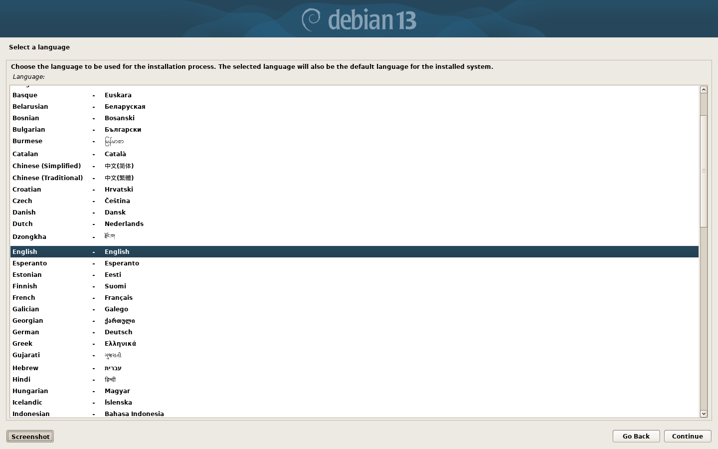 Debian 13 Installer: Select a language