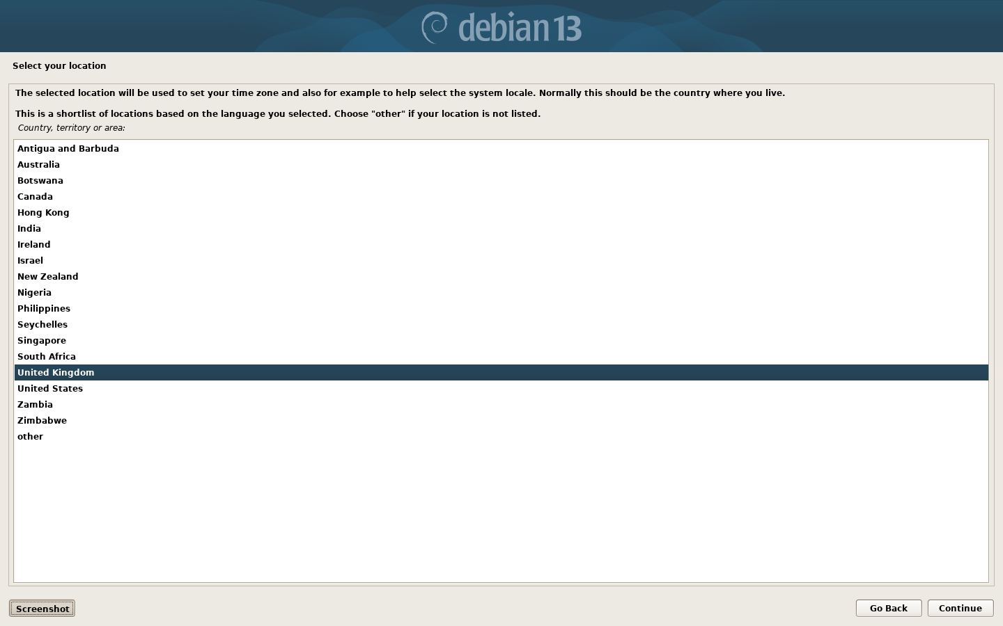 Debian 13 Installer: Select your location