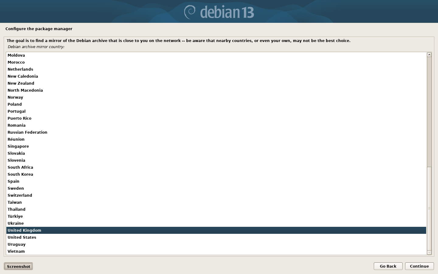 Debian 13 Installer: Select a language
