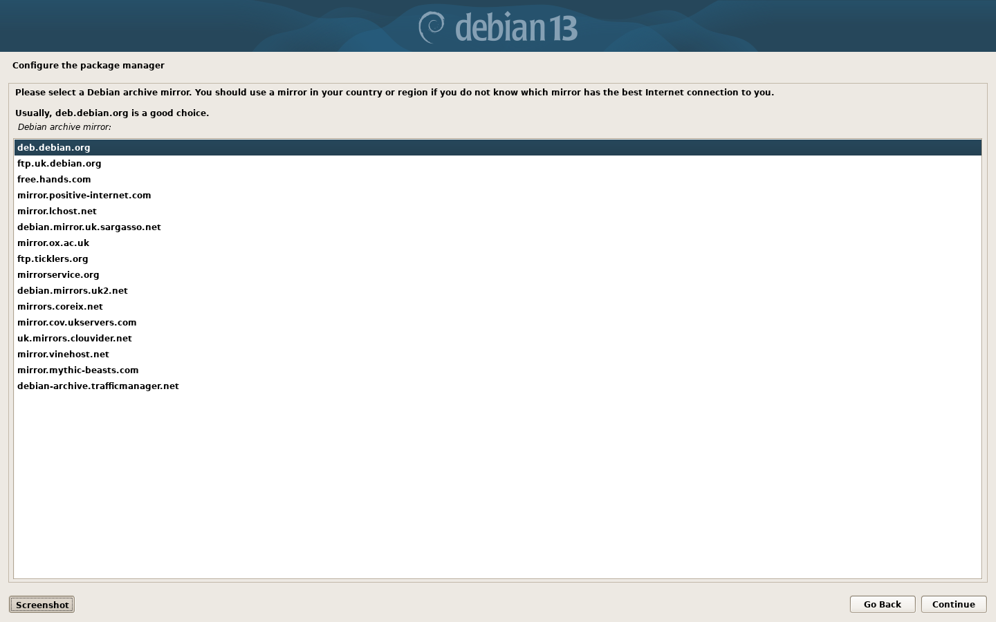Debian 13 Installer: Select a language