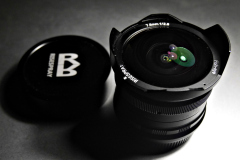 Risespray 7.5mm f/2.8 fish-eye lens. This thing is all metal and glass, and has a viewing angle of around 190°