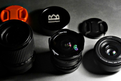 Tamron 14-150mm AF lens for µ4/3, Risespray 7.5mm f/2.8 fish-eye lens and Lumix 20mm f/1.7 AF pancake lens.