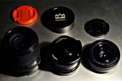 Tamron 14-150mm AF lens for µ4/3, Risespray 7.5mm f/2.8 fish-eye lens and Lumix 20mm f/1.7 AF pancake lens.