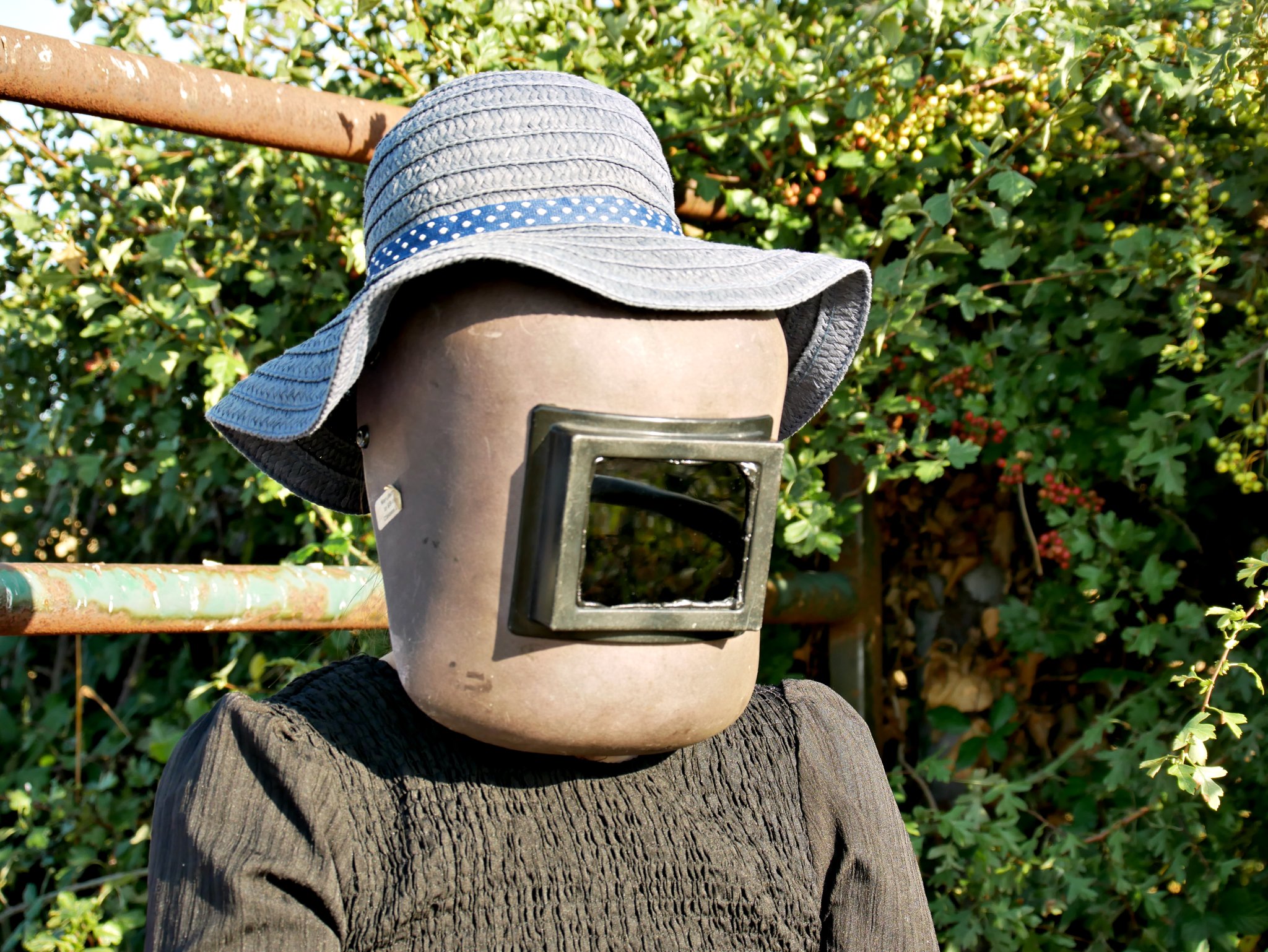 2026-08-12 The Boss uses one of my old welding helmets to look at the eclipse