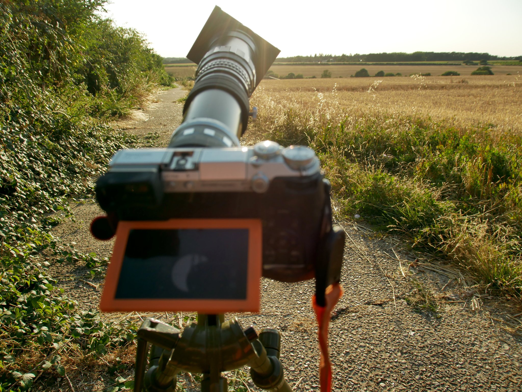 2026-08-12 Lumix DMC-GX7 camera with Hanimex 400mm lens and Tamron 2x Teleconverter mounted on Benbo Trekker tripod, with generic Arca-type quick release. Sun filter is a 90 mm x 110 mm welding glass, glued to a 72 mm - 82 mm step-up ring using black silicone bath sealer.