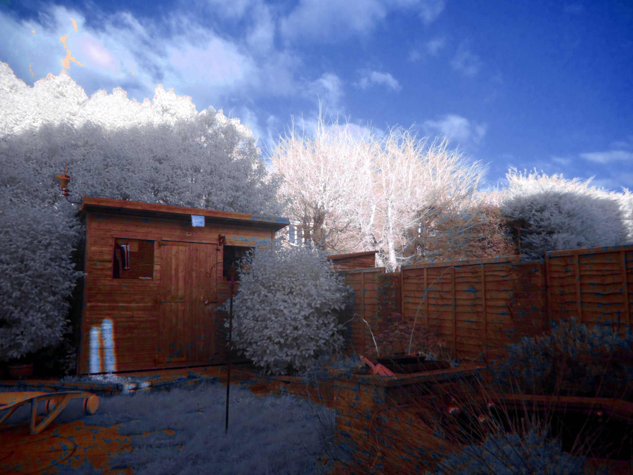 Our back yard, taken with "full-spectrum-converted" Lumix DMC GH2, c/w a bog-standard Lumix 14-42mm "kit lens" c/w Fourth Eye variable IR filter.