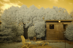 Our back yard, taken with \"full-spectrum-converted\" Lumix DMC GH2, c/w a bog-standard Lumix 14-42mm \"kit lens\" c/w Fourth Eye variable IR filter.