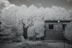 Our back yard, taken with \"full-spectrum-converted\" Lumix DMC GH2, c/w a bog-standard Lumix 14-42mm \"kit lens\" c/w Fourth Eye variable IR filter.