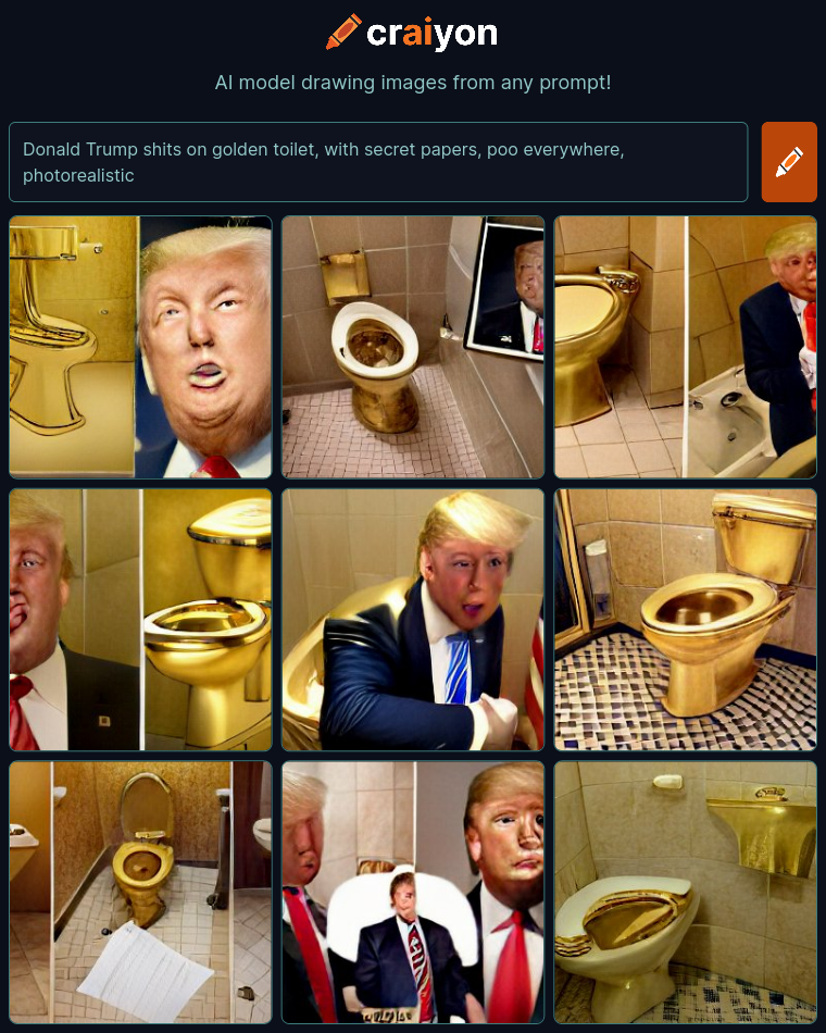 craiyon_145534_Donald_Trump_shits_on_golden_toilet__with_secret_papers__poo_everywhere__photorealist