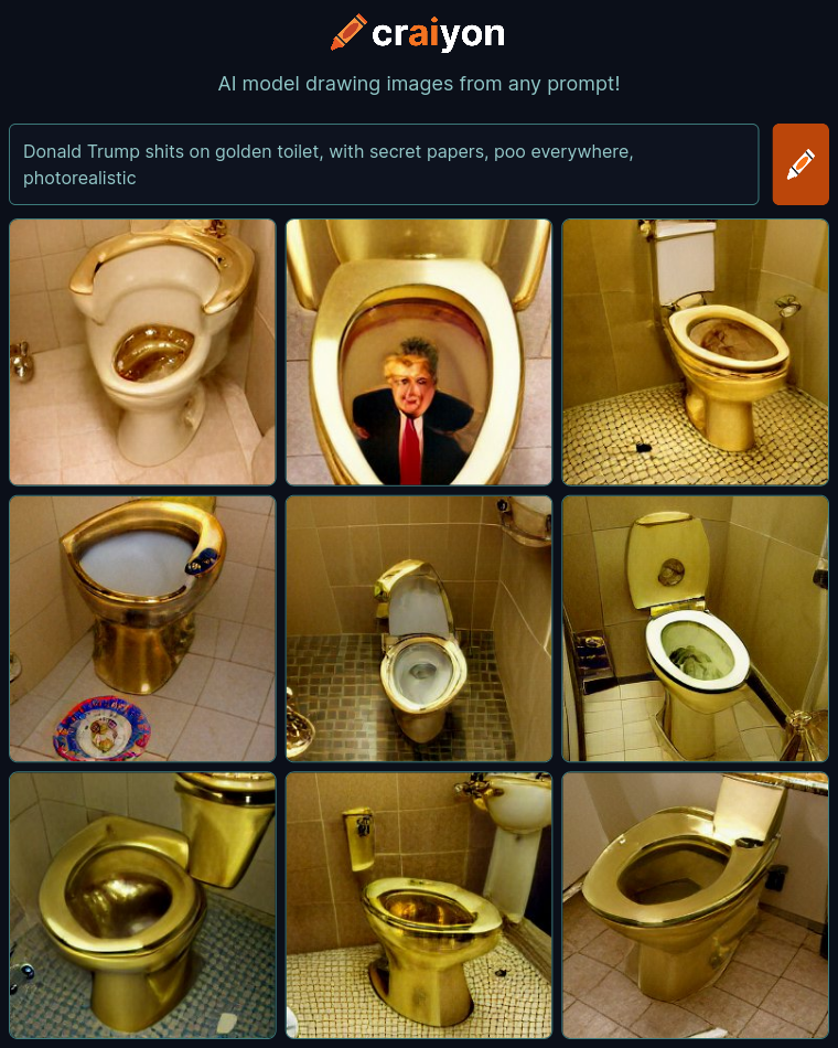 craiyon_161527_Donald_Trump_shits_on_golden_toilet__with_secret_papers__poo_everywhere__photorealist