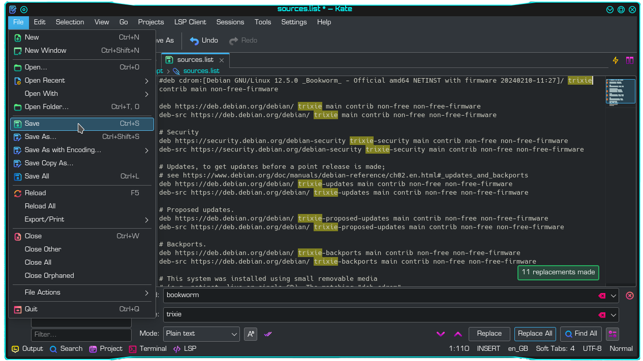 Editing /etc/apt/sources.list in kate, and using its 'find and replace' feature.