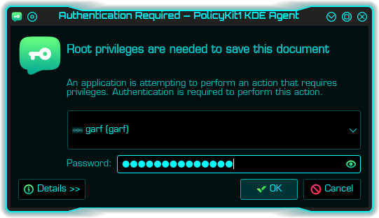 Kate (KDE Advanced Text Editor) save as root dialogue, asking for root privileges in order to save the file.