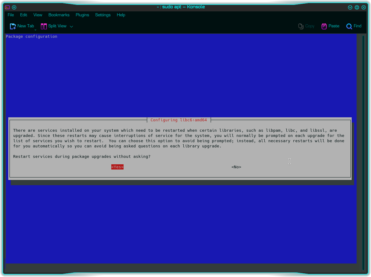 Command-line dialogue asking if you wish to restart services automatically?