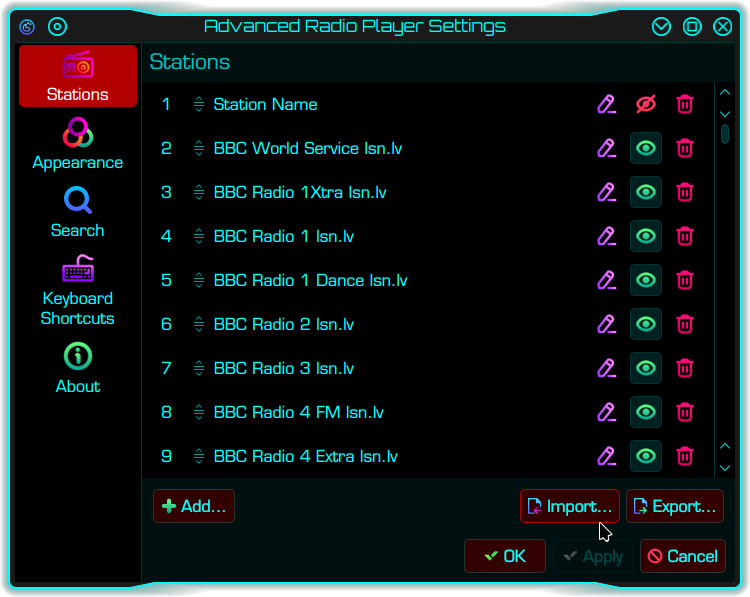 Screengrab showing Advanced Radio Player Settings