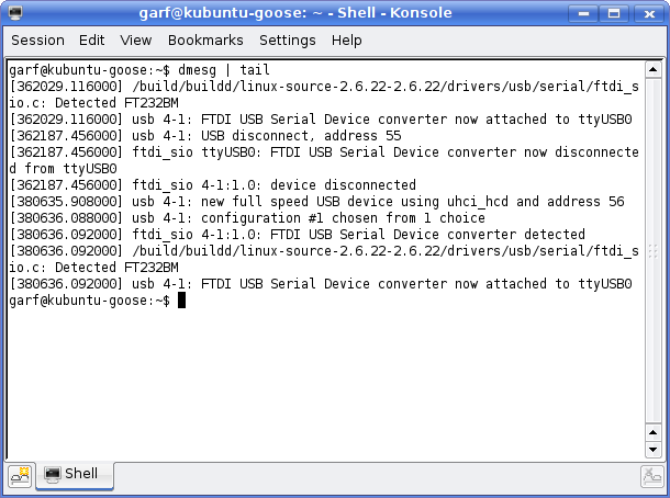 dmesg showing a properly connected and loaded USB to serial converter