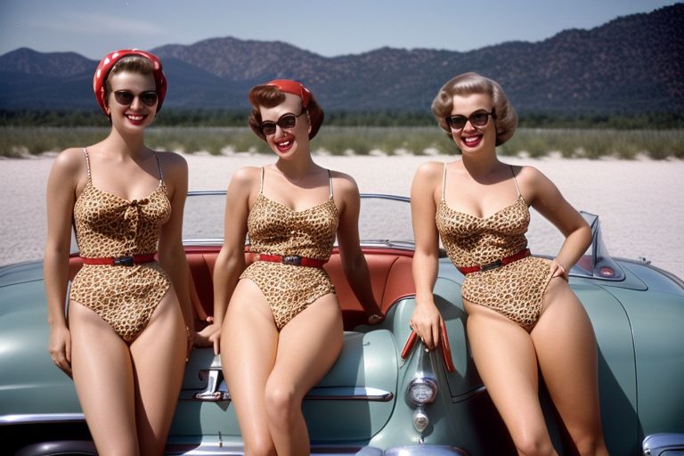 Three attractive girls in animal print swimsuits driving red convertible