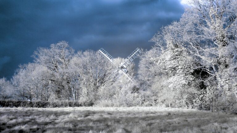 Kings Mill, smock windmill, Shipley, in infrared